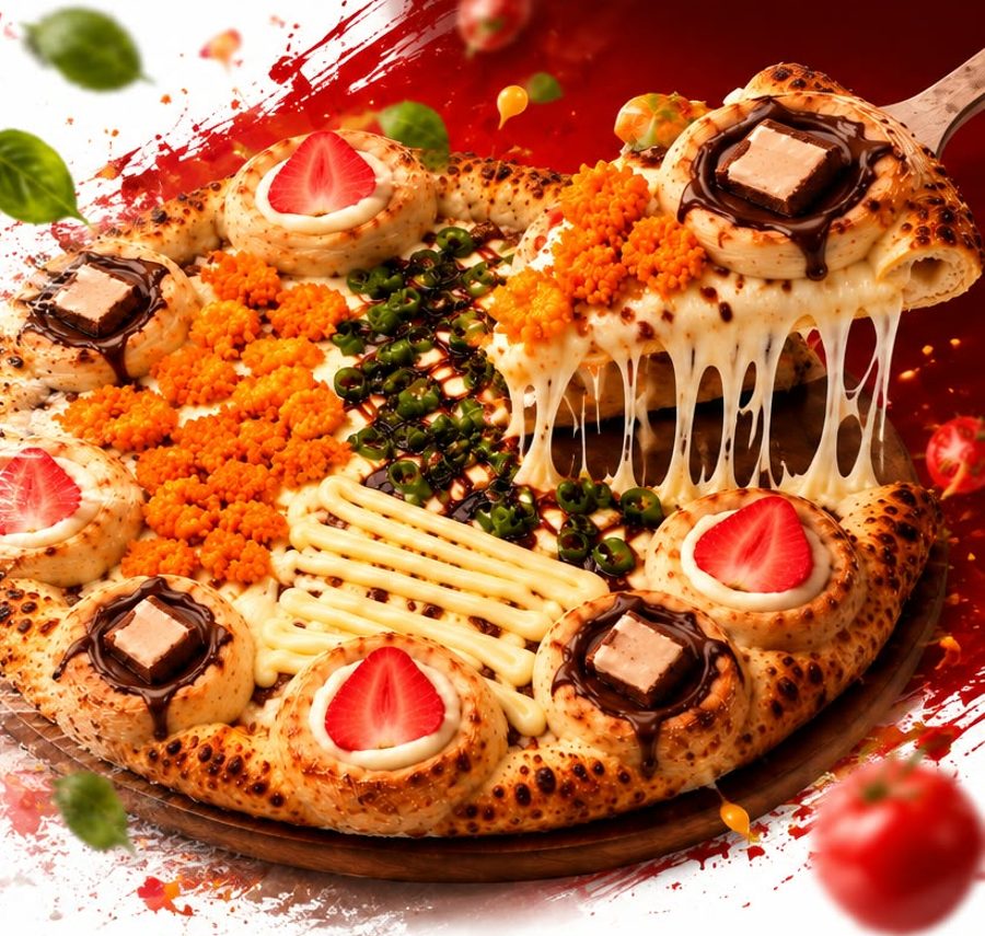 Pizza artesanal com queijo derretendo, morangos e chocolate